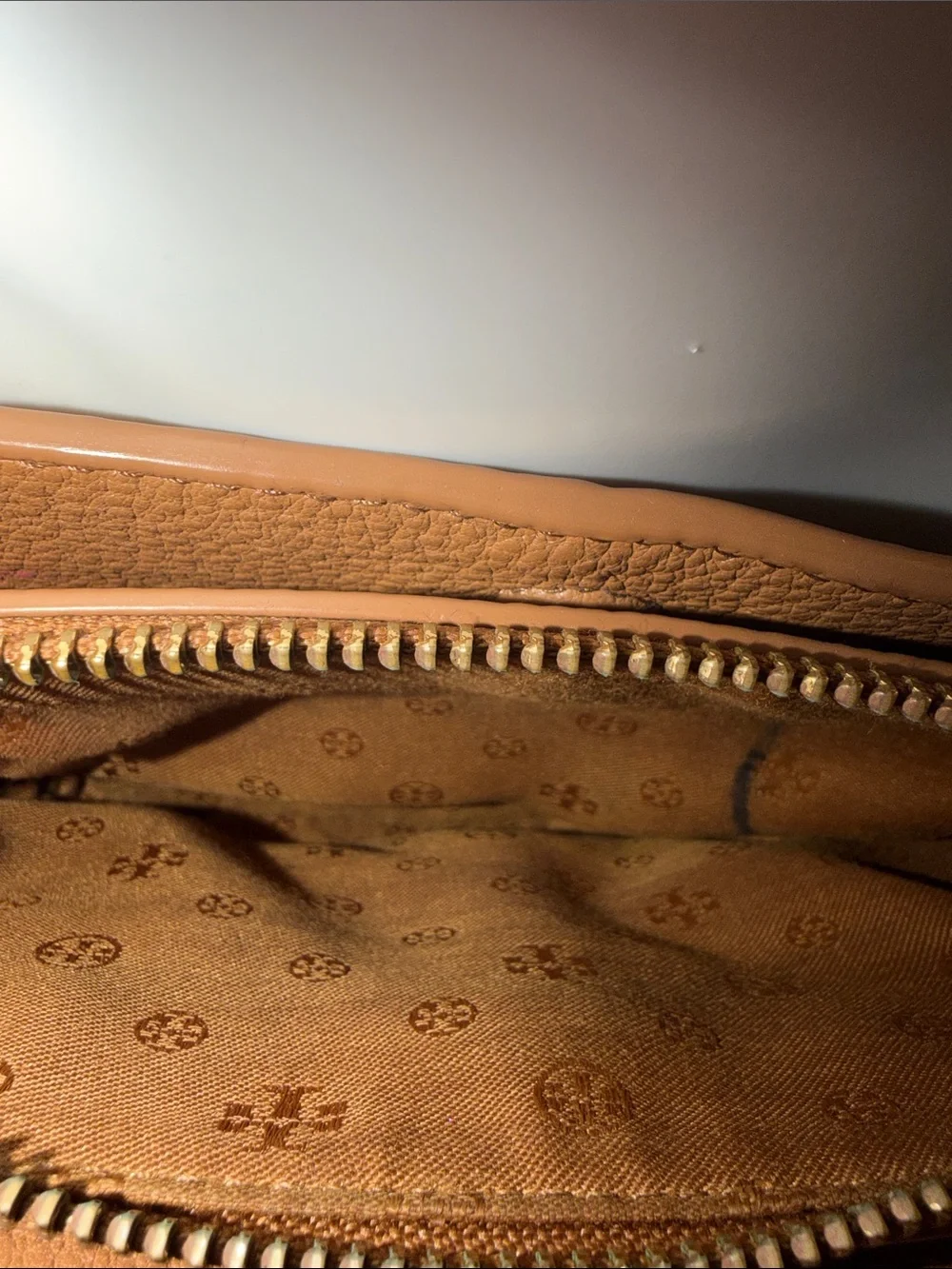 Tory Burch Tan Pebbled Leather Crossbody with Gold Logo